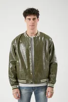 Men Faux Croc Varsity Bomber Jacket in Olive Small