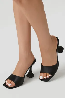 Women's Satin Square-Toe Spool Heels in Black, 7