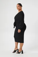 Women's Surplice Midi Sweater Dress in Black, 2X