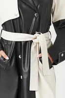 Women's Faux Leather Colorblock Trench Coat in Black/White Small