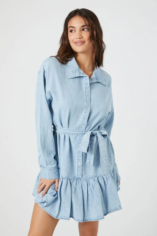 Women's Denim Tie-Front Mini Shirt Dress in Light Denim Large