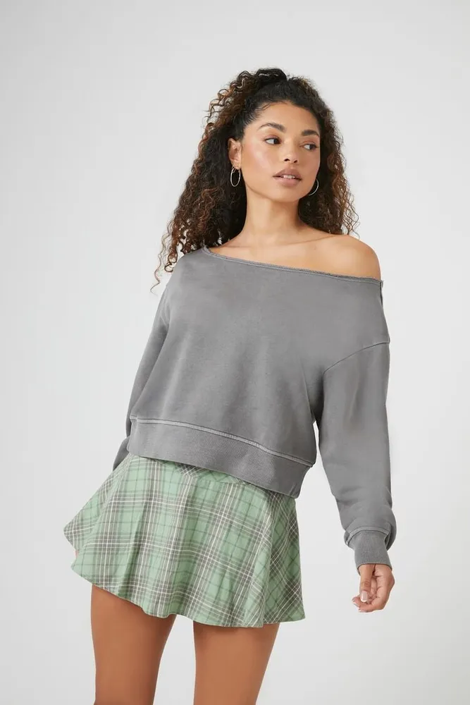 Women's French Terry Off-the-Shoulder Pullover Charcoal