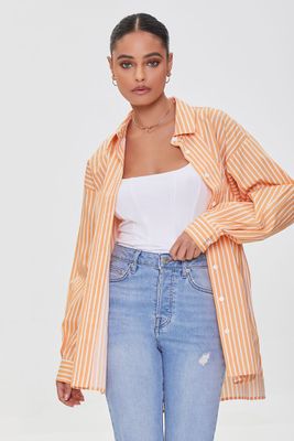 Women's Striped Poplin Shirt in Orange/White Small