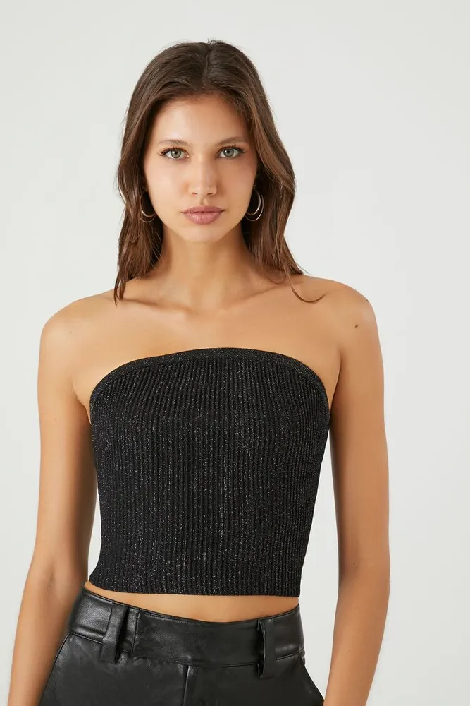 Women's Cropped Sweater-Knit Tube Top Black,