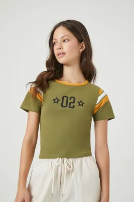 Women's 02 Graphic Ringer Baby T-Shirt in Olive, XL