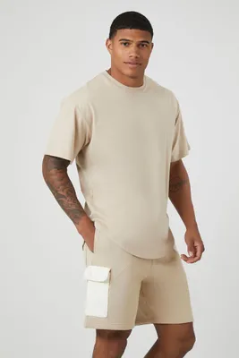 Men Fleece Colorblock Drawstring Shorts in Taupe/Cream, XL