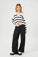 Women's Striped High-Low Cropped Sweater in Black Large