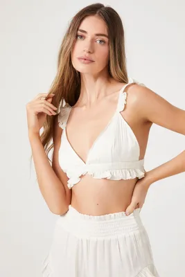 Women's Satin Ruffle-Trim Lounge Bralette in Vanilla Medium