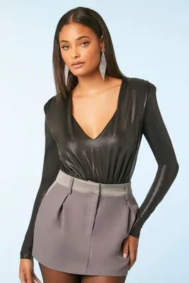 Women's Metallic Knit V-Neck Top in Black Medium