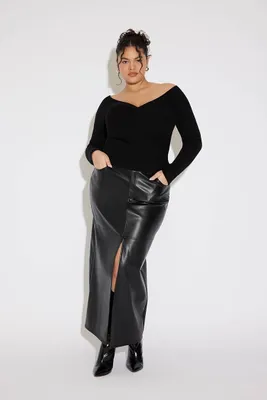 Women's Faux Leather Slit Maxi Skirt in Black, 2X