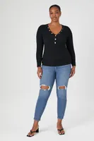 Women's Ribbed Knit Henley Top in Black, 2X