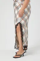 Women's Satin Plaid Print Maxi Skirt in Grey, 3X