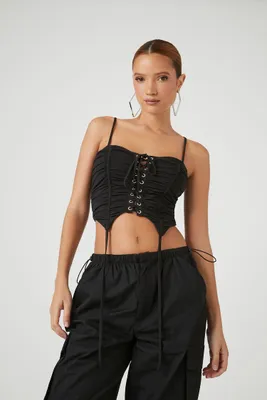 Women's Ruched Lace-Up Cami in Black Small