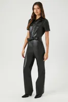 Women's Faux Leather Tie-Waist Jumpsuit in Black, XS