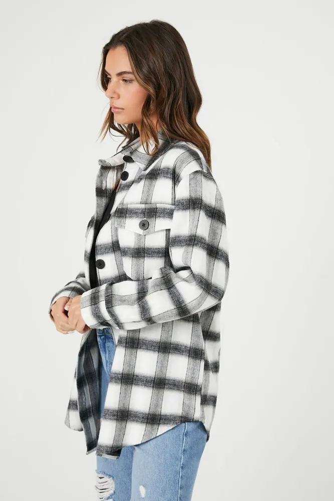 Women's Plaid Drop-Sleeve Longline Shacket White/Black