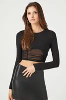 Women's Sheer Ruched Crop Top in Black Large