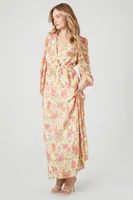 Women's Floral Print Chiffon Maxi Dress in Ivory/Pink Small