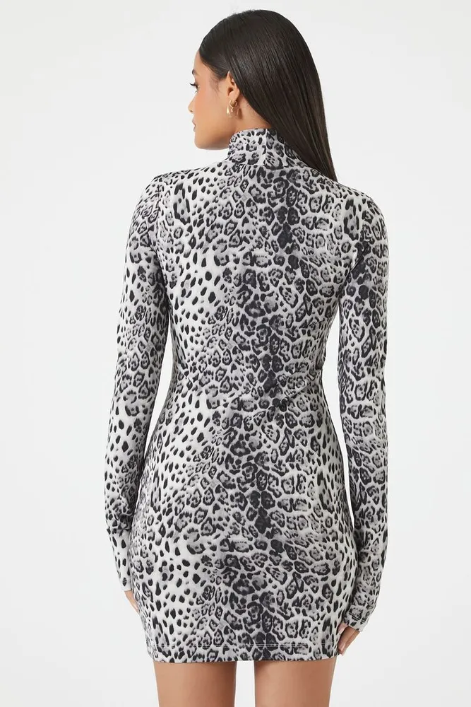 Women's Leopard Print Contour Mini Dress in Grey Small
