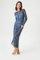 Women's Abstract Geo Print Mesh Maxi Dress in Blue, XS