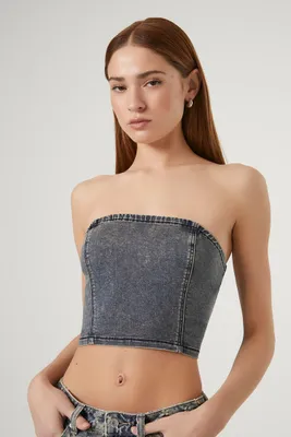 Women's Mineral Wash Denim Tube Top in Medium Denim Large