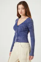 Women's Ribbed Hook-and-Eye Cardigan Sweater in Dusty Blue Small