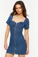 Women's Denim Zip-Up Sweetheart Mini Dress in Medium Denim Small