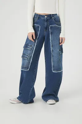 Women's Baggy Frayed Cargo Jeans in Dark Denim, 26