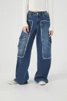 Women's Baggy Frayed Cargo Jeans Dark Denim,