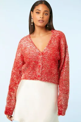 Women's Metallic Knit Crop Cardigan in Fiery Red Large