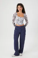 Women's Mesh Floral Print Crop Top in Grey Medium