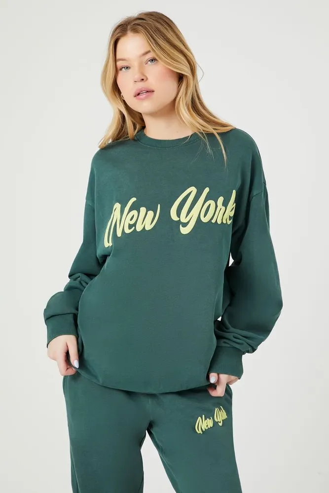 Women's Fleece New York Graphic Pullover in Green Small