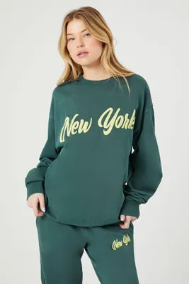 Women's Fleece New York Graphic Pullover in Green Medium