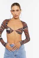 Women's Marble Print Mesh Crop Top in Brown, XL