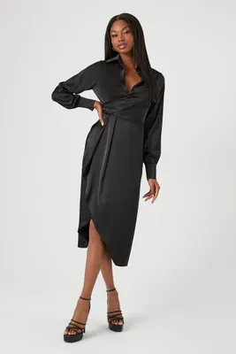 Women's Satin Wrap Ruffle Midi Dress in Black, XS