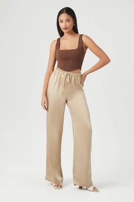 Women's Satin Drawstring Wide-Leg Pants in Taupe Small