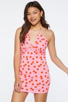 Women's Cherry Print Halter Mini Dress in Pink Large