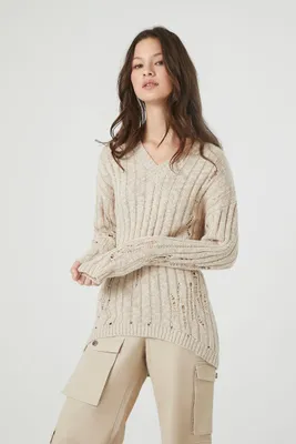 Women's Distressed V-Neck Sweater in Birch Medium