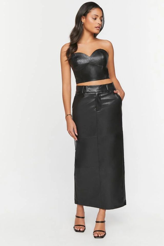 Women's Faux Leather Slit Midi Skirt in Black Medium