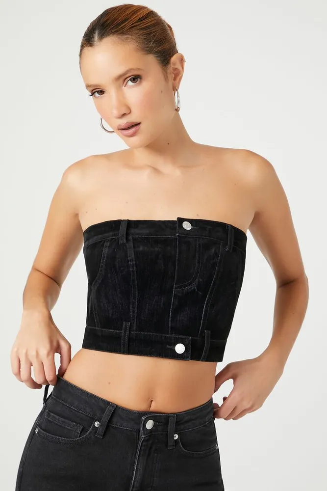 Women's Reworked Cropped Tube Top in Black Small