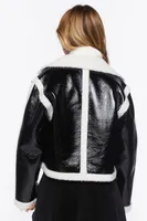 Women's Faux Shearling-Trim Button-Front Jacket in Black/White Medium