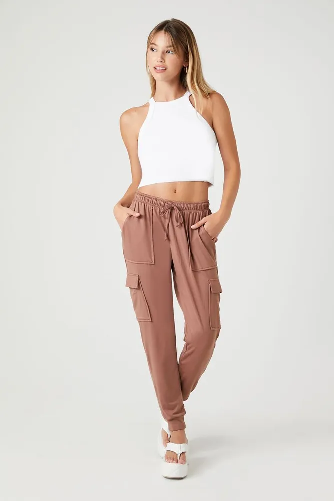 Women's Fleece Drawstring Cargo Joggers Brown