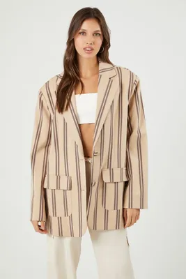 Women's Striped Single-Breasted Blazer in Tan Small