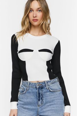 Women's Colorblock Bustier Long-Sleeve Top in Black/White, XS