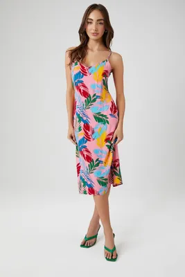 Women's Tropical Leaf Print Midi Dress in Pink Medium