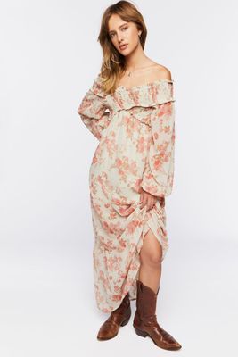 Women's Floral Off-the-Shoulder Maxi Dress in Beige Medium
