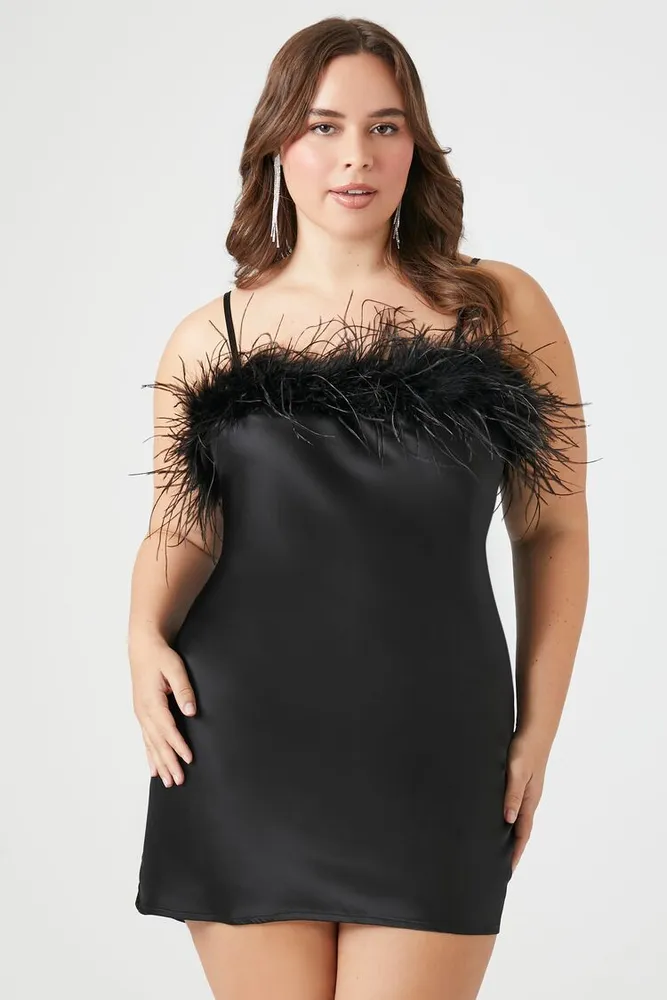 Women's Faux Fur-Trim Satin Dress in Black, 0X