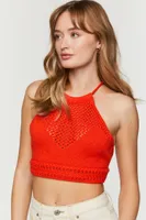 Women's Crochet Crisscross Halter Crop Top in Fiery Red, XL