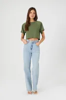 Women's Button-Sleeve Cropped T-Shirt in Olive Small