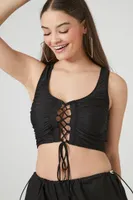 Women's Mesh Lace-Up Crop Top in Black, XS