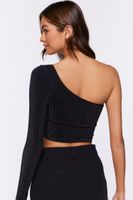 Women's Glitter Knit One-Shoulder Crop Top in Black, M/L